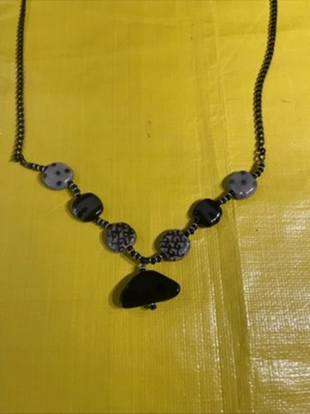 Vintage Boho Black Glass Ceramic Beaded Necklace Dark Metal Chain Stone Pendant